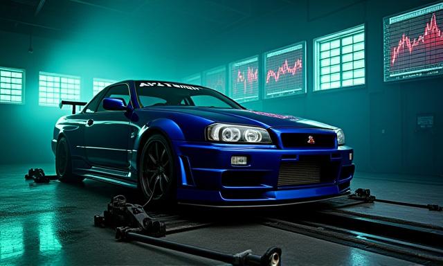 Nissan Skyline GT-R sa dyno testing booth, sinusukat ang performance pagkatapos ng tuning.