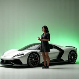 Si Aling Nena, isang automotive designer na nakatayo malapit sa isang kotse na may lapis sa kamay